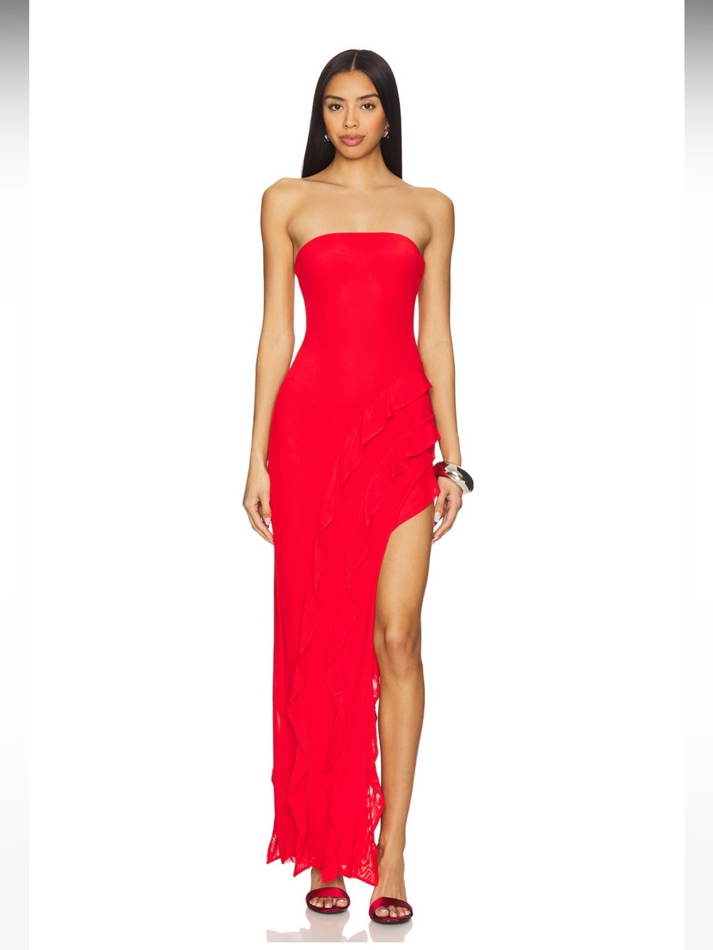 X-Revolve Siobhan Dress in Risky Red AFRM Strapless Red Ruffle-Slit Maxi Dress